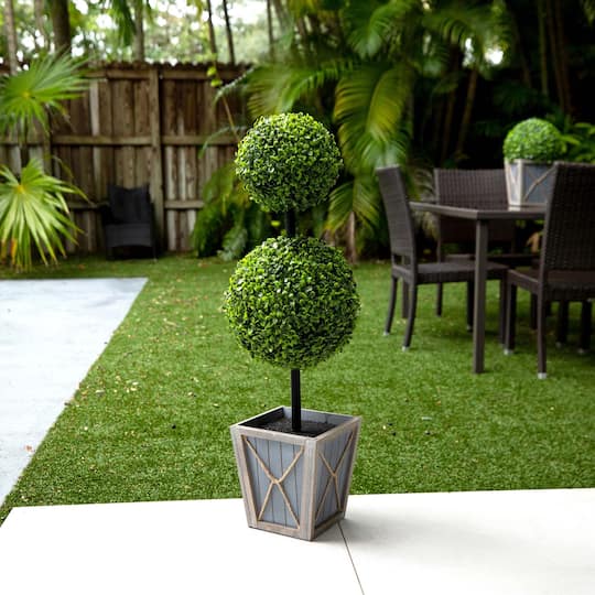3ft. LED UV Resistant Double Ball Boxwood Topiary in Decorative Planter